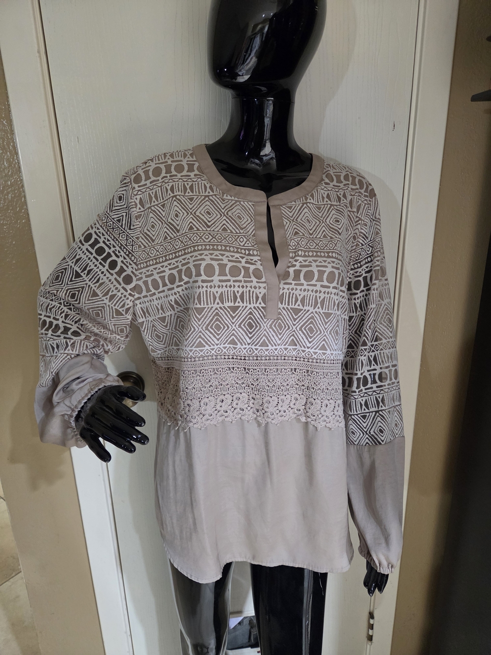 Chico's Beige Geo Lace-Trim Henley Blouse